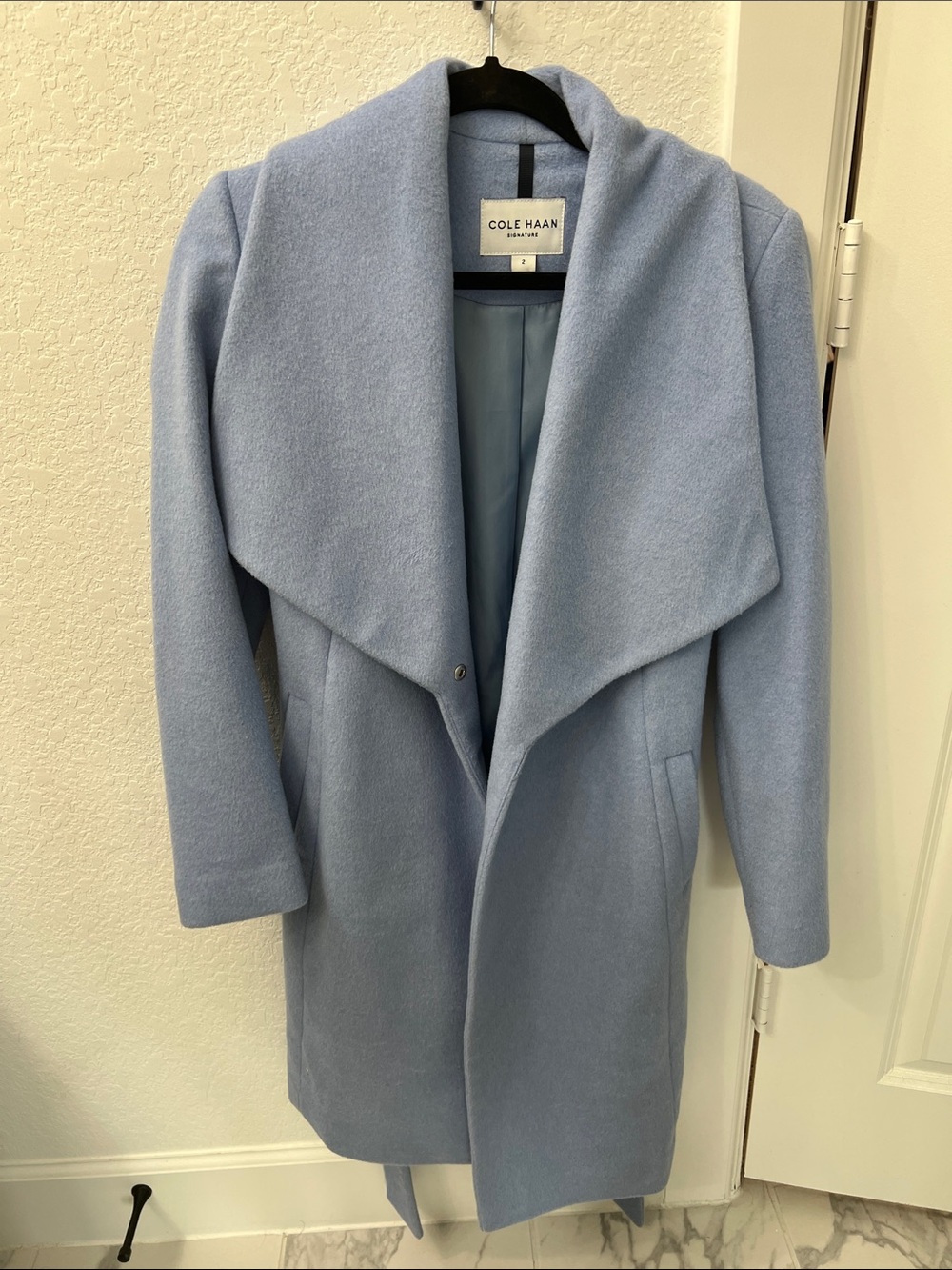 Cole Haan Light Blue Draped Wool-Blend Trench Coat
